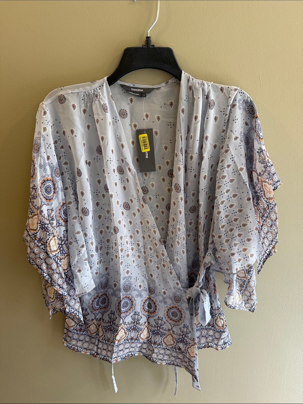Maxime Light Blue Paisley Tie-Front Wrap Blouse